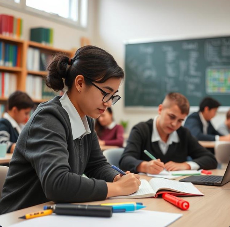 Education business owner reviewing organized financial reports
