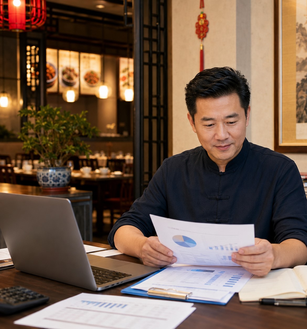 Restaurant owner reviewing organized financial reports